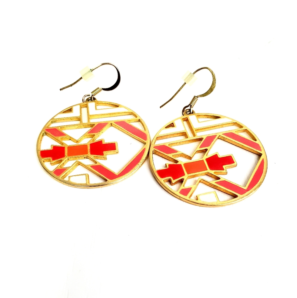 Gold-Tone Round Drop Earrings with Coral Inlay